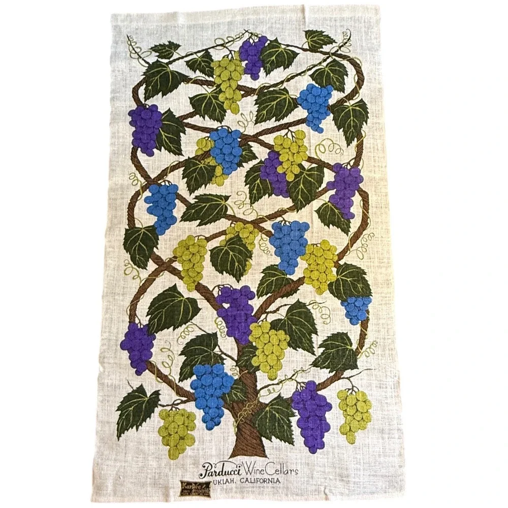 Vintage Kay Dee Handprints Parducci Wine Cellars Linen Tea Towel Grapes‎ 17x29